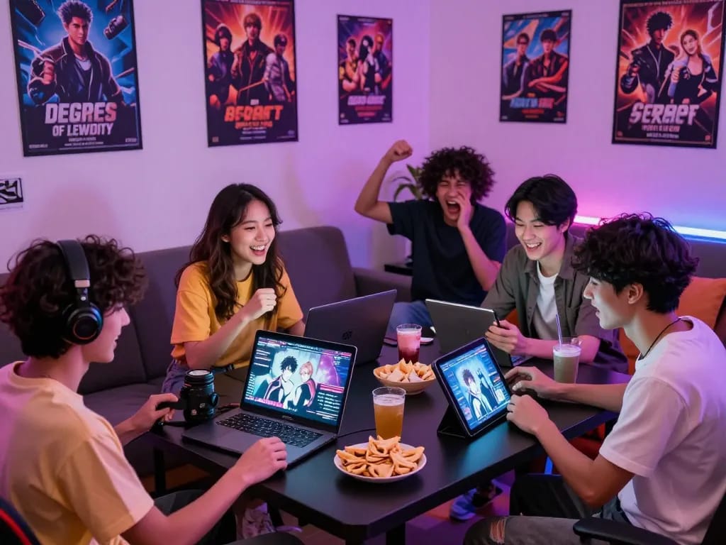 People immersed in Degrees of Lewdity game in lively gaming lounge.