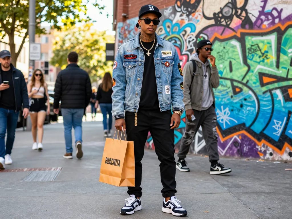 Stylish model showcasing 레플리카 street fashion against graffiti backdrop, capturing urban life.