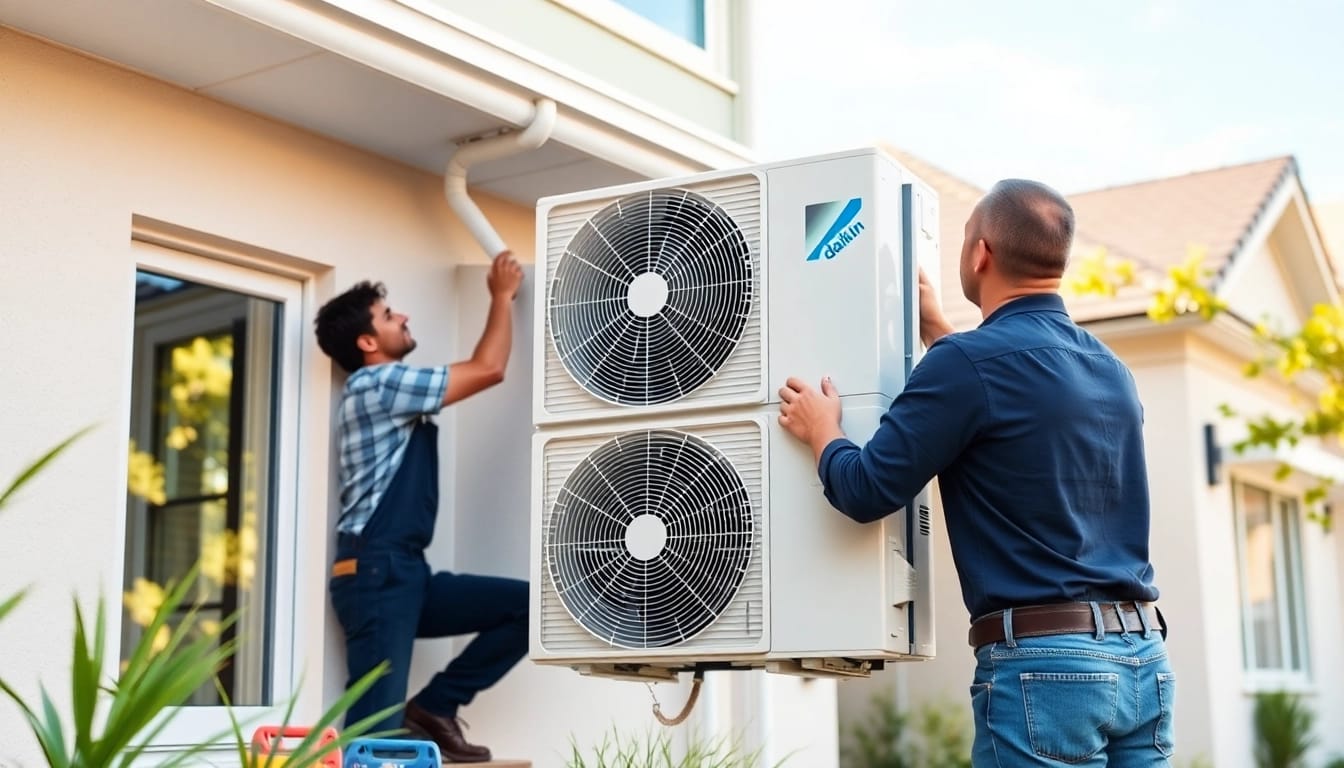 Technician installing a daikin mini split ac in a modern home setting.
