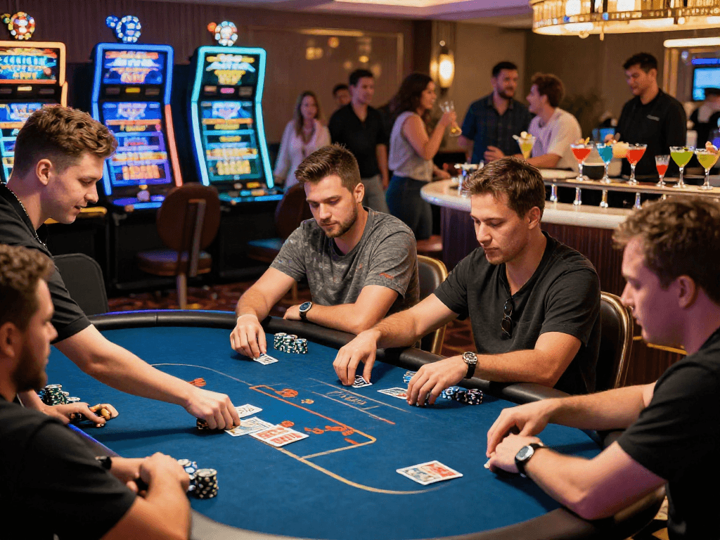 Exciting live casino scene showcasing players at poker tables and vibrant gaming atmosphere, perfect for situs live casino enthusiasts.