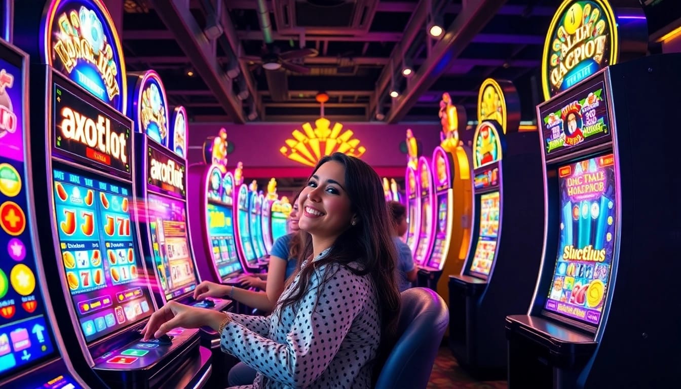 Experience the exciting world of online slots with hoki138 pro, showcasing vibrant slot machines and joyful players in a digital casino.