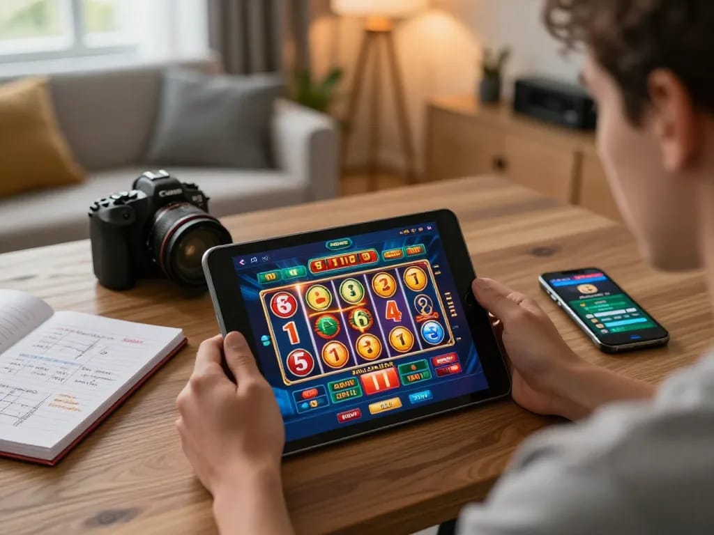 Experience thrilling gameplay with fly88 on your tablet in a cozy home office setting, showcasing strategic betting.