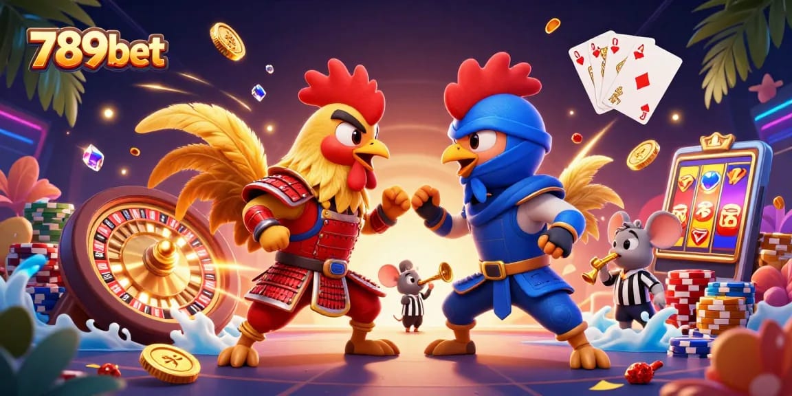 The dynamic duel of 789bet's samurai rooster and ninja rooster amid a lively casino scene.