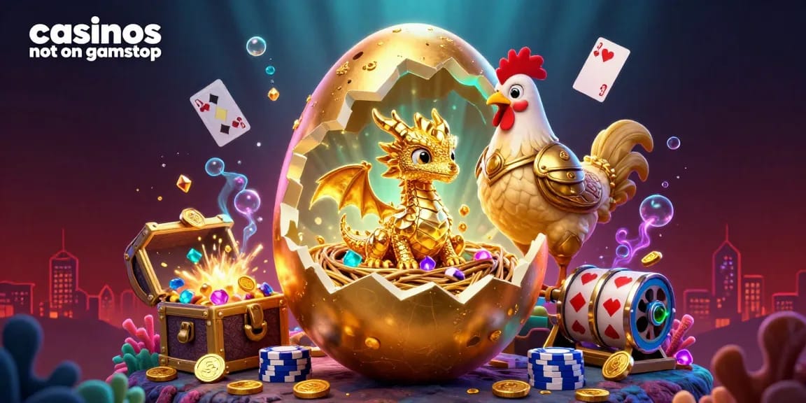 Experience the thrill at casinos not on gamstop with vibrant 3D illustrations featuring gold treasures and poker elements.