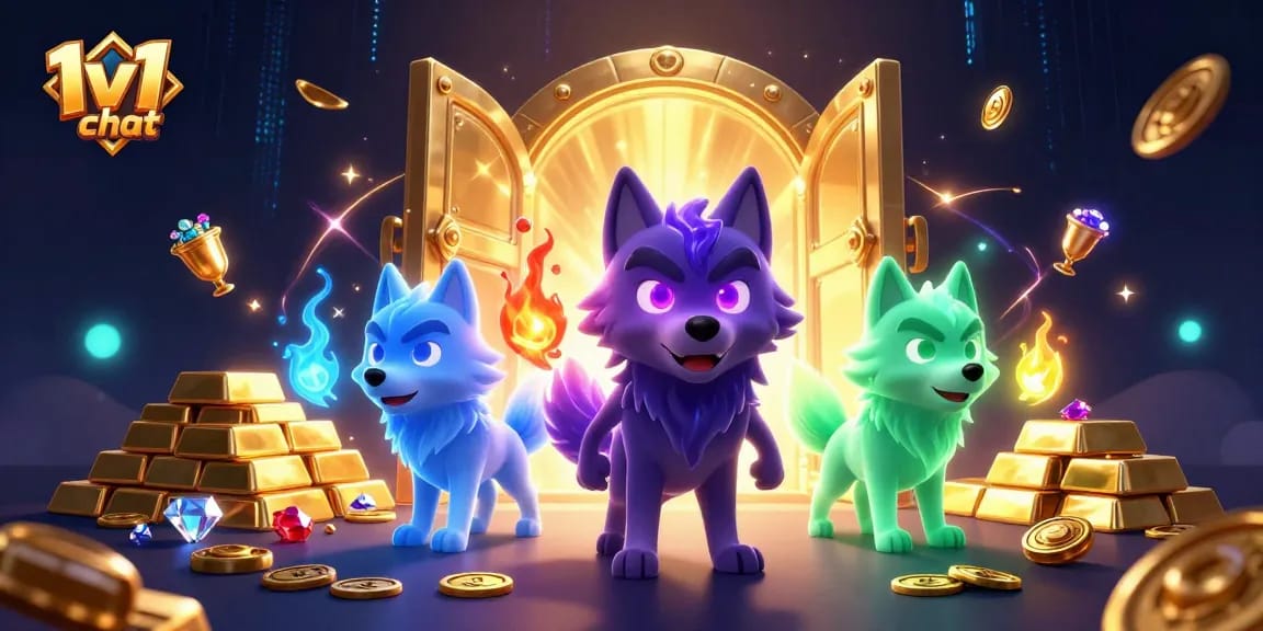 Engage in 1v1 chat with a vibrant and dynamic video casino theme showcasing treasures and energy.