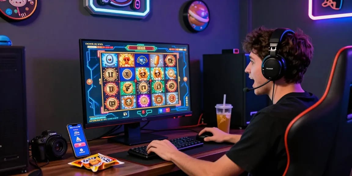 Excited player enjoying the Spaceman online slot game with futuristic graphics and vibrant accessories.