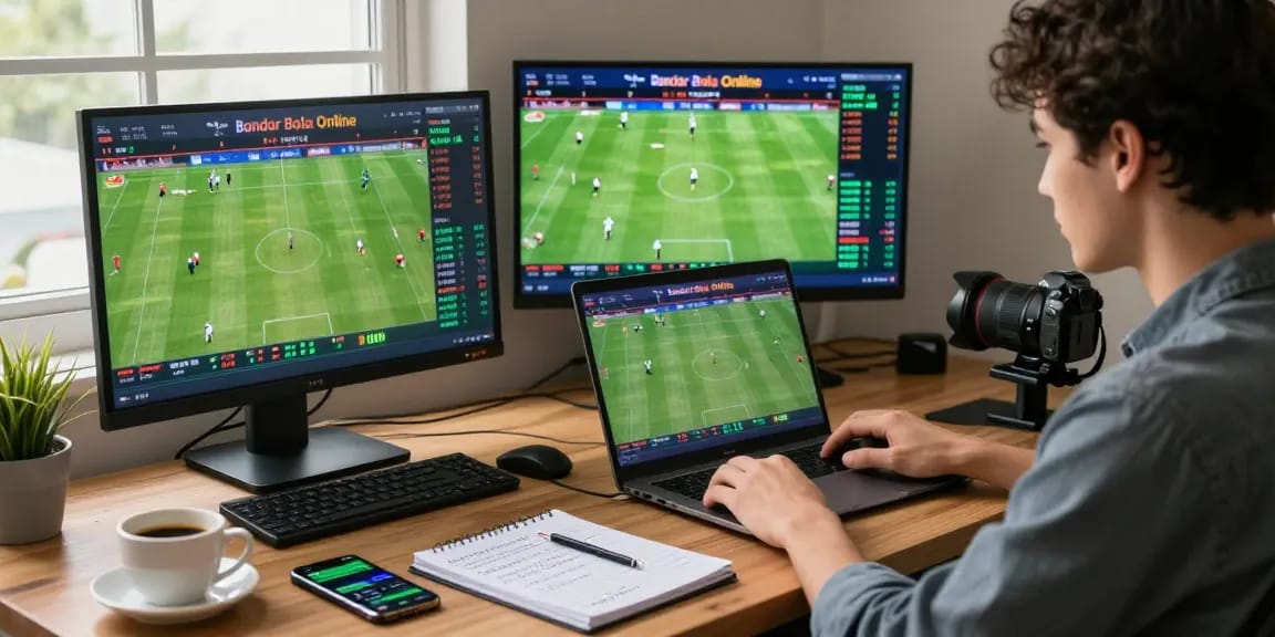 Engaged user analyzing sports stats for Bandar Bola Online at a stylish office setup.