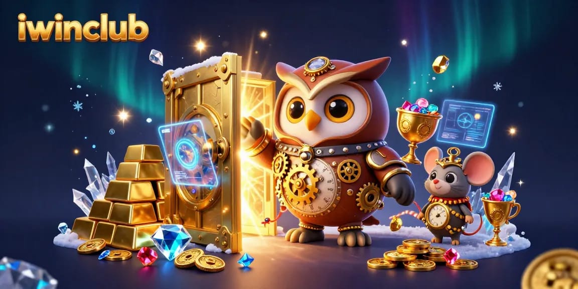 Spin and win with iwinclub: 3D cartoon owl and mouse in a vibrant casino scene.