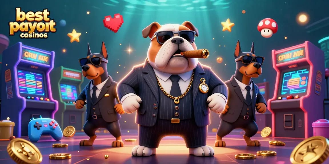 Experience the excitement of the best payout casinos with a mafia boss bulldog in a vibrant casino environment.