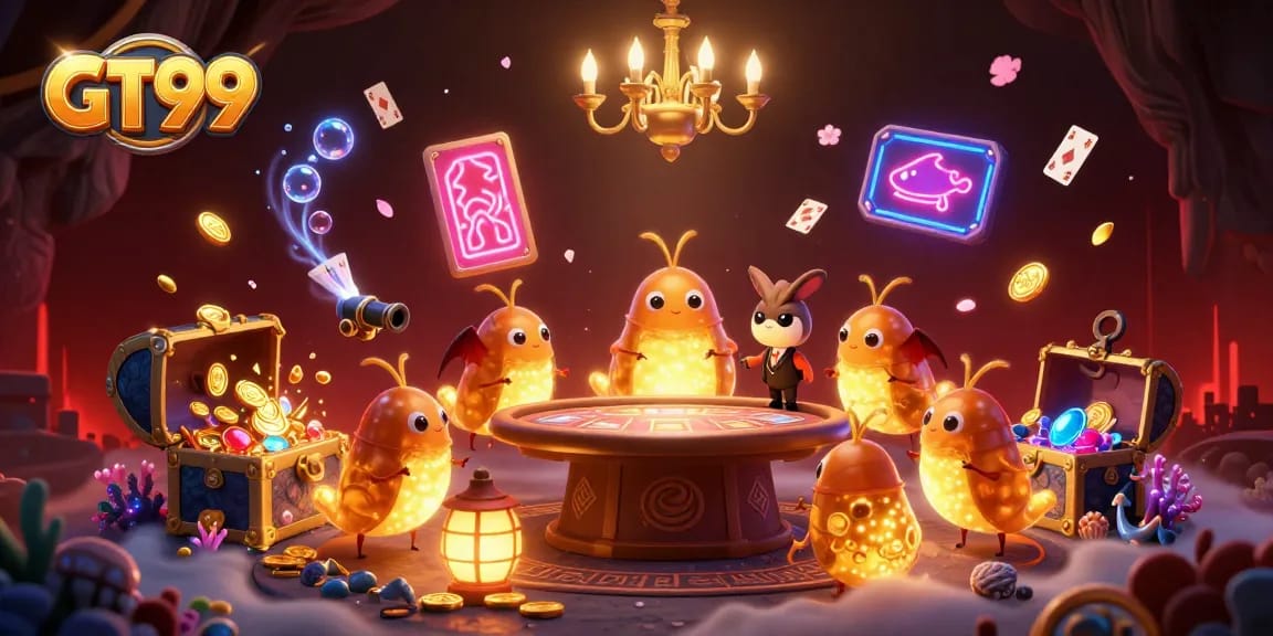 GT99 casino illustration with glowing creatures and gold coin treasures in an underwater environment.