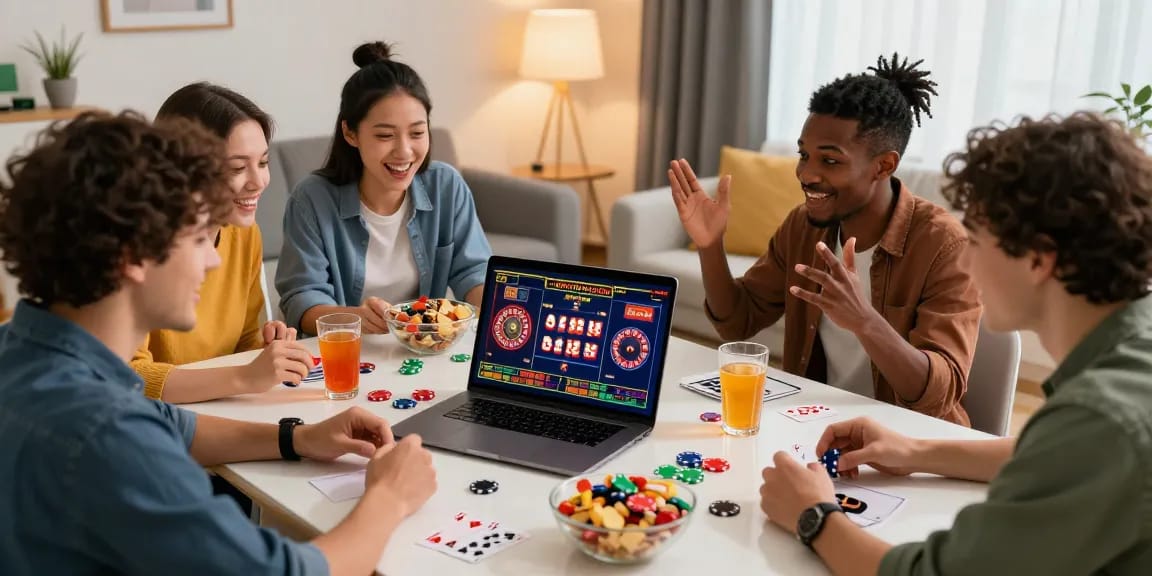 Un groupe d'amis profitant de jouer au casino en ligne dans un salon animé avec des collations et des boissons.