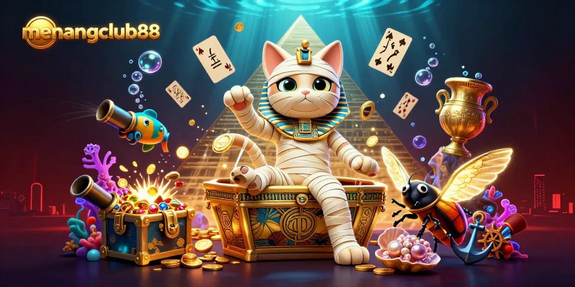 Experience vibrant gaming action at menangclub88 with a unique Egyptian-themed casino illustration.