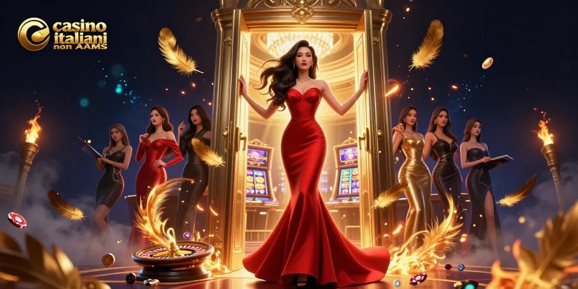 Vivete l'emozione con i casino italiani non AAMS mentre una donna asiatica in un abito glamour accoglie gli ospiti in un casino VIP.
