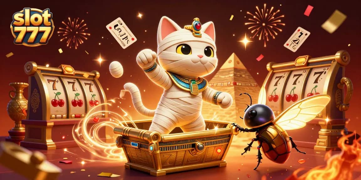 Menangkan pengalaman slot 777 dengan ilustrasi kucing mumi di kasino piramida yang megah.