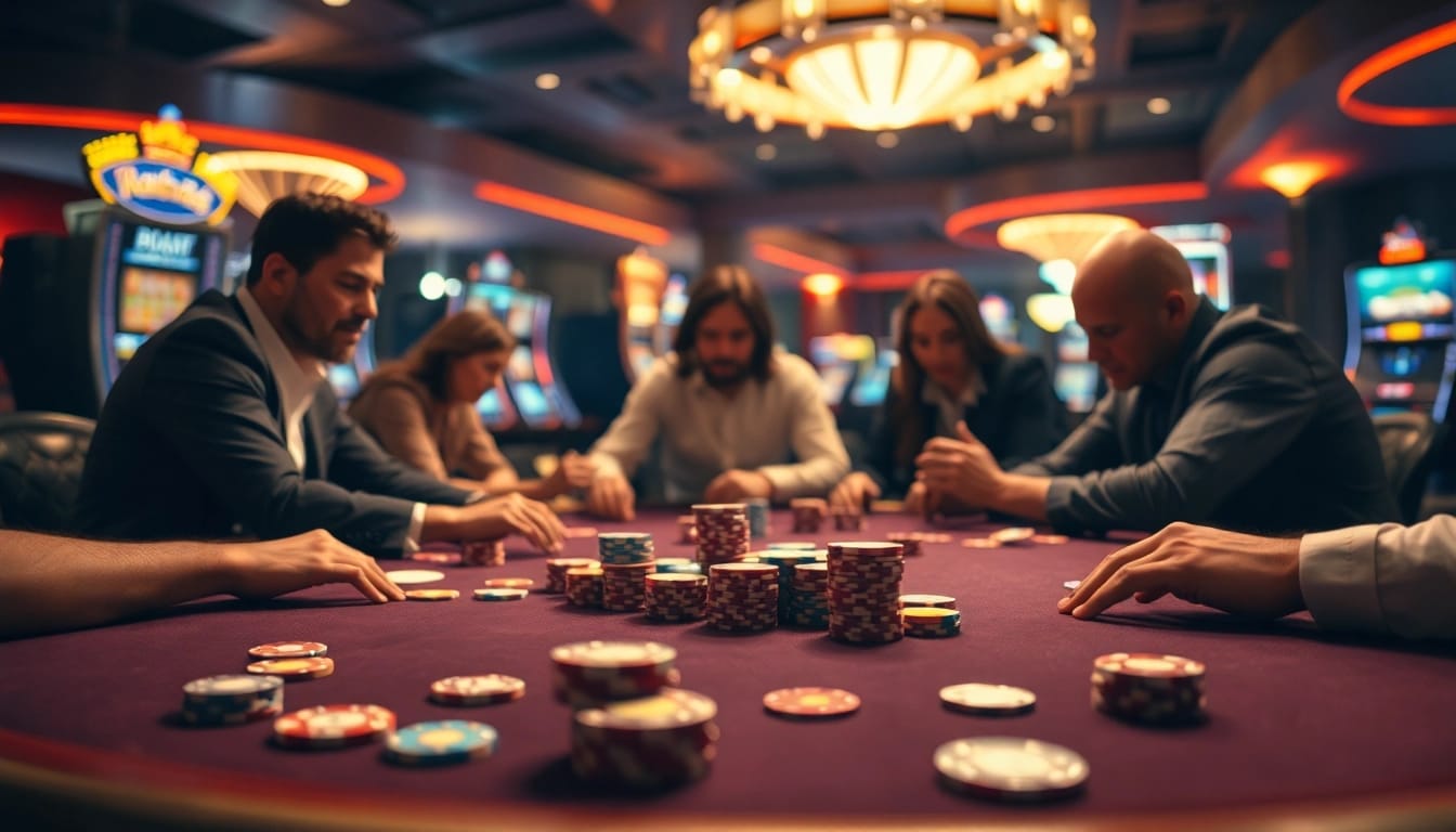Menghasilkan kemenangan agen togel di meja poker penuh semangat dengan kartu dan chip berwarna-warni.