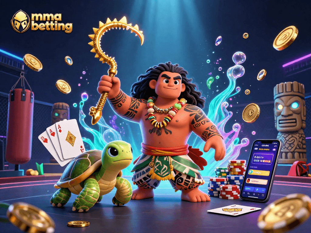 MMA betting scene featuring a demigod hawk and turtle, vibrant casino elements, and rich details