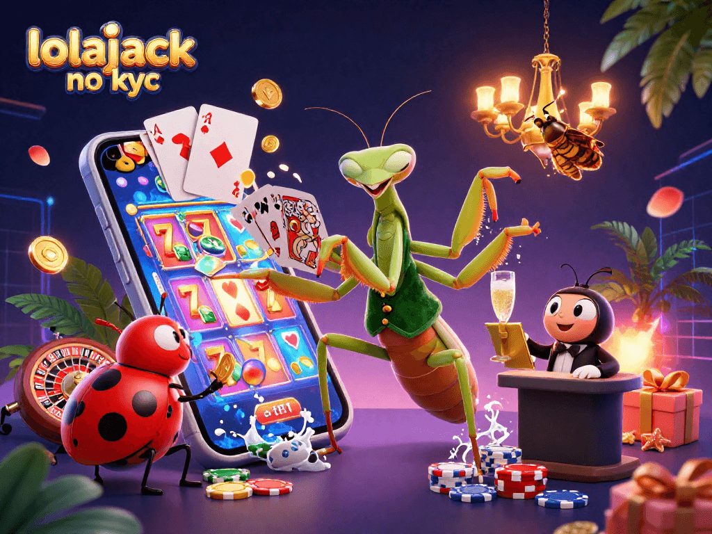 Lolajack no kyc showcases an energetic casino scene with a card sharp dealing cards and slots elements.