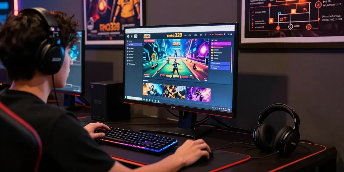 Dynamic gaming setup showcasing situs raja328 platform with player immersed in online gambling.