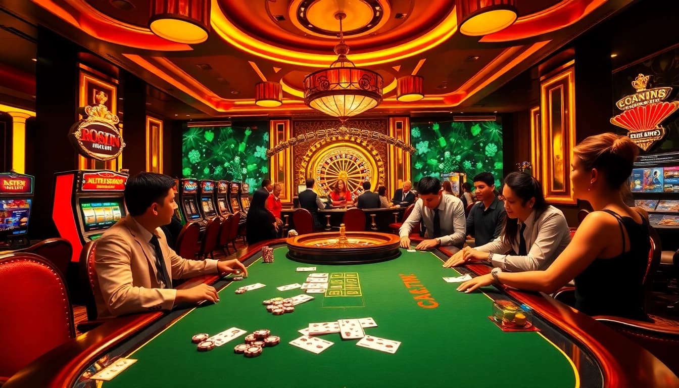 Experience thrilling action at https://thabet.vegas/ with players enjoying a high-stakes poker game in a luxurious casino.