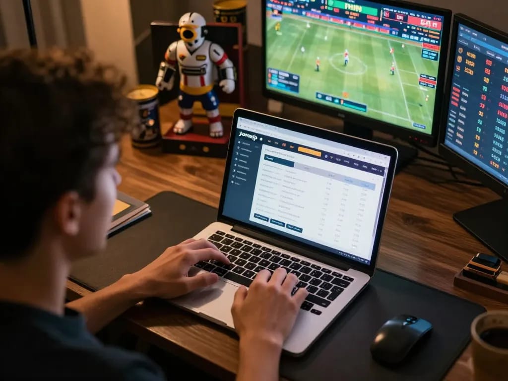Engaged bettor placing strategic bets on yowesjp with multiple sports screens visible