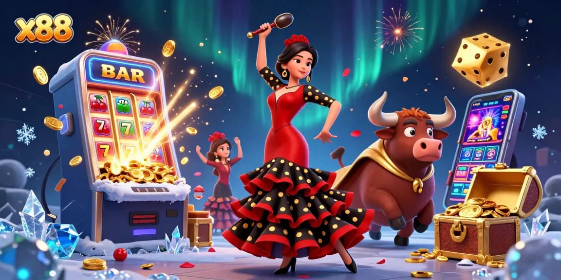 x88 jackpot celebration with dancing character and slot machine bursting coins