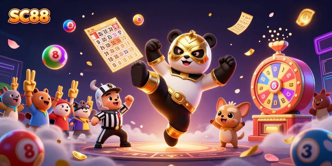 SC88 showcases thrilling casino excitement with a playful panda flying kick amid a vibrant gambling scene.