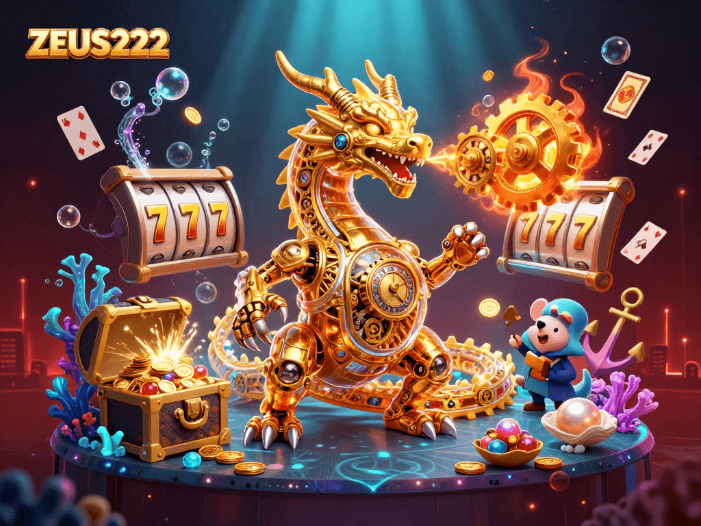 Experience ZEUS222 with an exciting scene featuring a golden dragon and dynamic slot game elements.