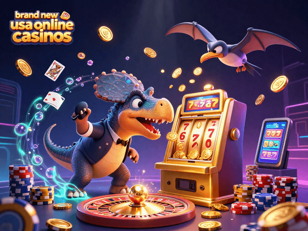 Experience brand new usa online casinos with a cartoon dinosaur winning a jackpot among flying coins.