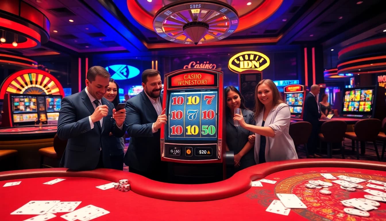Players enjoying the thrill of the idn slot machines in a vibrant casino atmosphere.