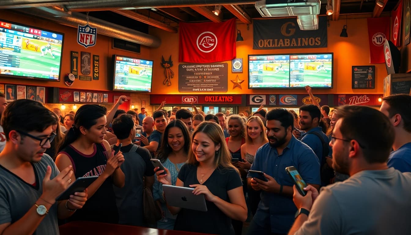 Engaged fans in a lively sports bar representing Oklahoma sports betting.