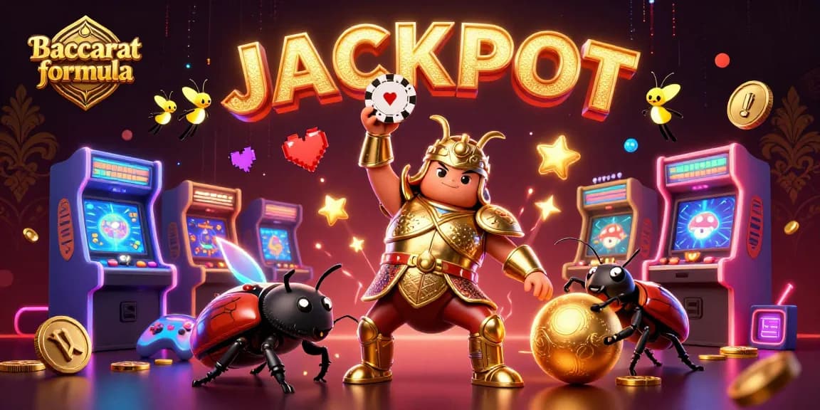 Engage with the Baccarat formula, featuring a heroic beetle lifting chips, amidst vibrant casino elements.