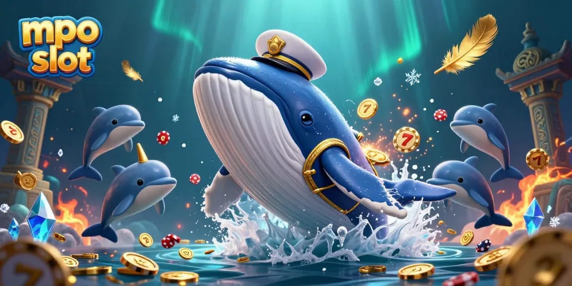 Play engaging entertainment with mpo slot featuring vibrant whale and lively dolphins amid sparkling coins.