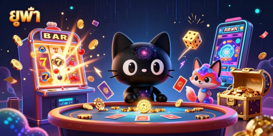 Engage in unparalleled gaming excitement with ยูฟ่า featuring a cosmic black hole cat at a vibrant casino scene.