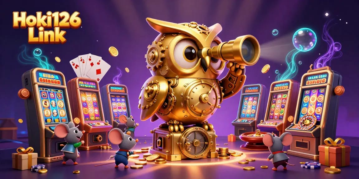 Experience Hoki126 Link with a rich casino scene featuring a whimsical golden owl and playful mice.