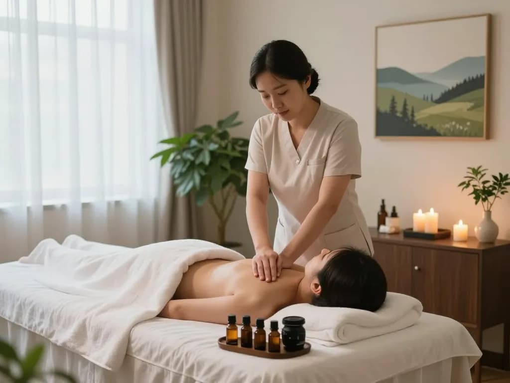 편안한 캔들과 식물이 있는 관악스웨디시 마사지 치료를 보여주는 휴식 치료실.