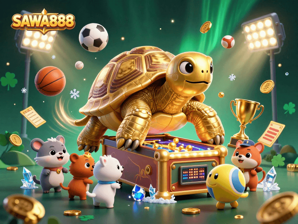 Experience the excitement at SAWA888 with vibrant 3D visuals, featuring a golden tortoise pinball machine in action.