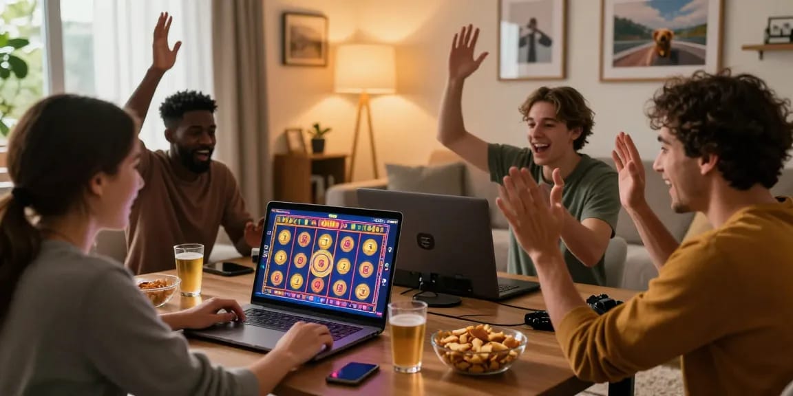 Friends enjoying slot online gaming experience in a cozy living room.