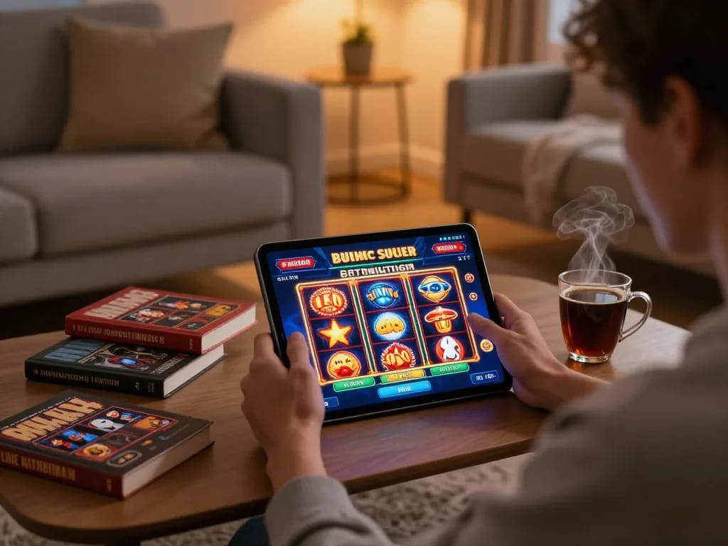 Engaging in slot gacor hari ini gameplay on a tablet in a cozy home setting, enhancing online gaming experience.