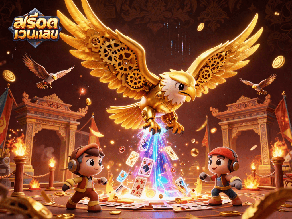Experience the thrill of สล็อตเว็บตรง with an epic battle scene of a cybernetic eagle and cards.