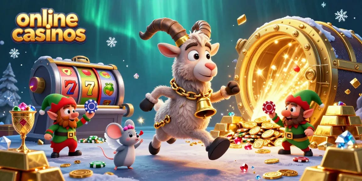 Experience thrilling scenes of online casinos with festive characters and a dynamic casino environment.