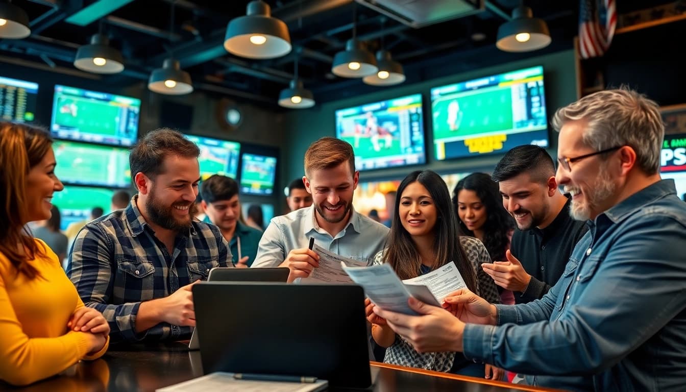 Engaged individuals discussing sports betting in Oklahoma at a busy sports bar with lively atmosphere.