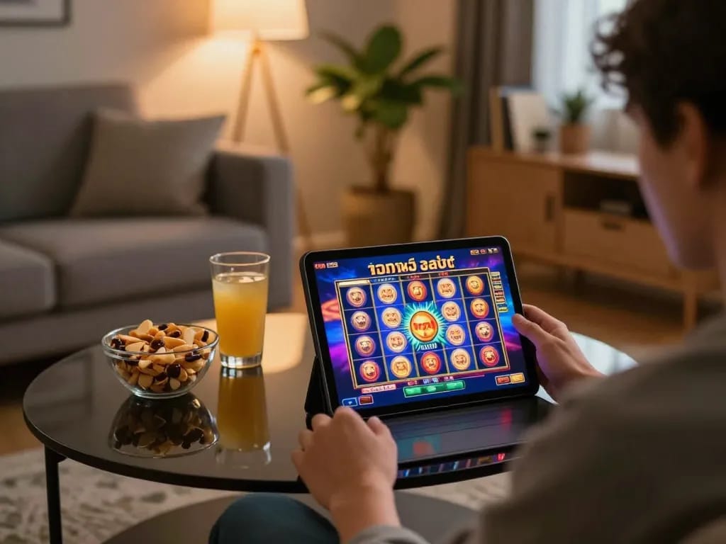 Engaging in เว็บตรงสล็อต gameplay on a tablet in a cozy modern living room.