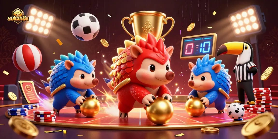 Sukan8a showcases rival pangolins competing in a vibrant casino scene with dynamic betting elements.