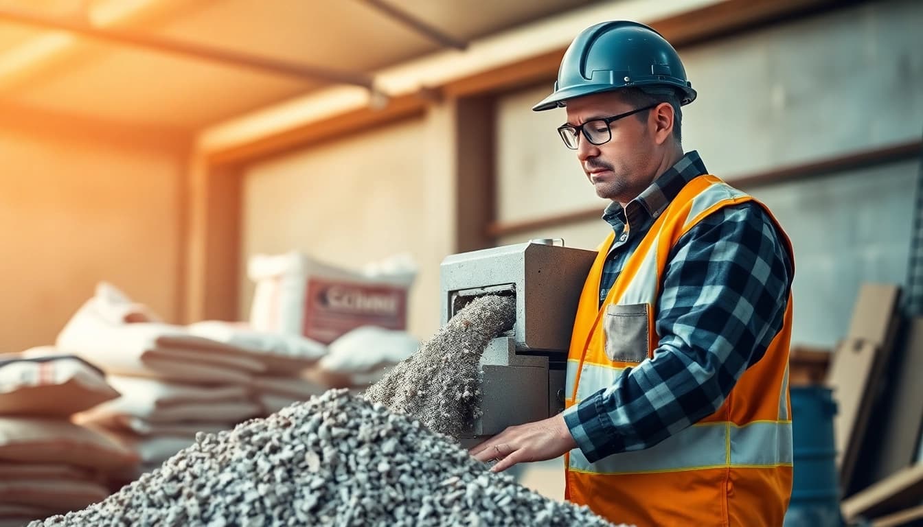 Taladro mezclador en acción, utilizando una mezcla de cemento en una obra constructiva.