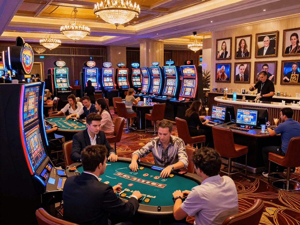 Suasana kasino mewah luxury12 dengan pemain menikmati permainan di meja poker dan mesin slot.