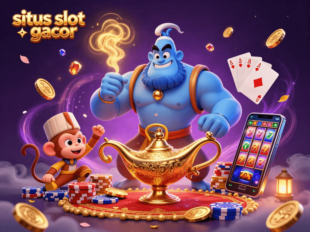 Situs slot gacor features an enchanting 3D scene with a genie, monkey, and vibrant slot symbols.