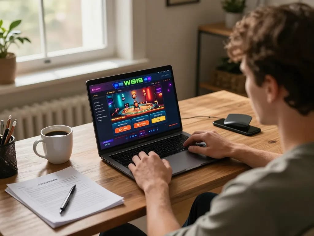 Person engaging in online gaming at W88 casino, showcasing a laptop with gaming interface