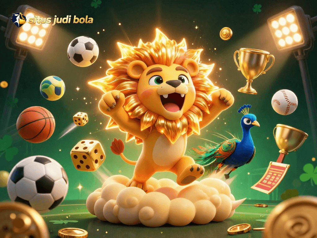 Engage with situs judi bola as the vibrant lion roars amidst dynamic sports betting elements.