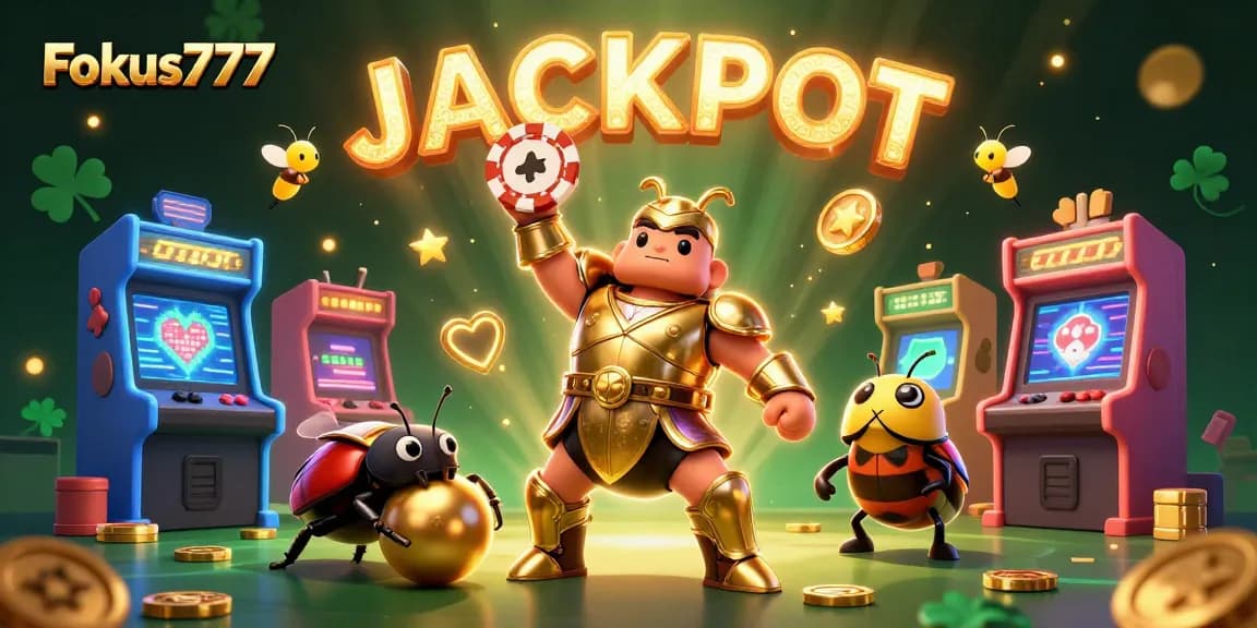 Join the action with Fokus777 as the hercules beetle celebrates a big win, showcasing vibrant casino elements.