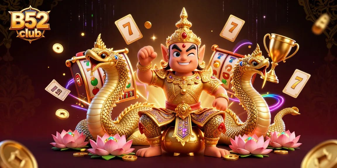 B52club offers an exciting jackpot experience featuring vibrant slot reels with lucky symbols.